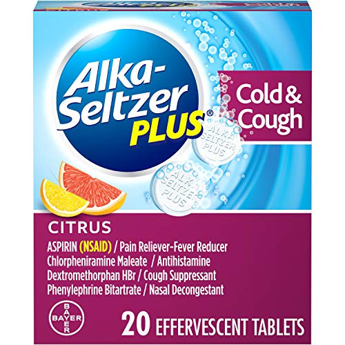 Alka-Seltzer Plus Cold & Cough Medicine, Citrus Effervescent Tablets with Pain Reliever/Fever Reducer, Citrus, 20 Count (Best Medicine For Throat Pain And Cough)