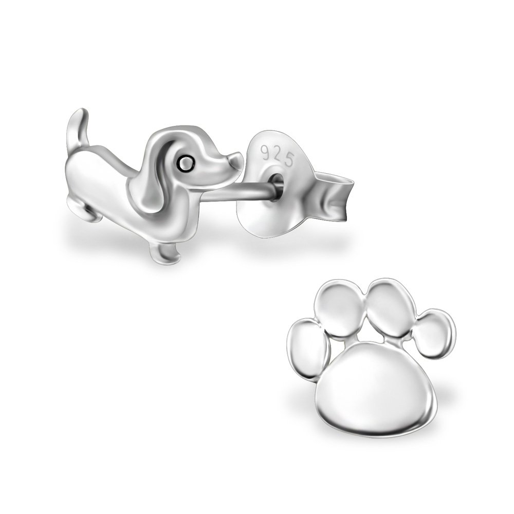 925 Sterling Silver Dog and Paw Stud Earrings – Cute Puppy Pet Lover Jewellery Gift Boxed for Women & Girls