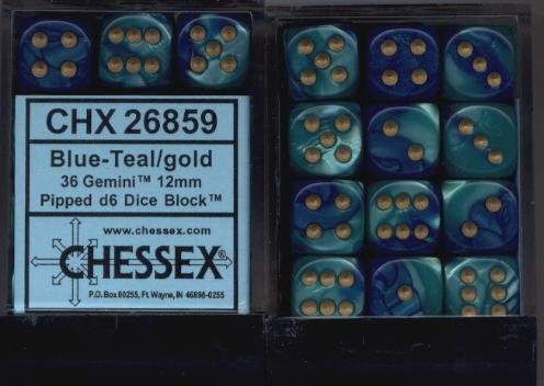 Chessex Dice d6 Sets: Gemini Blue / Teal with Gold - 12mm Six Sided Die (36) Block of Dice