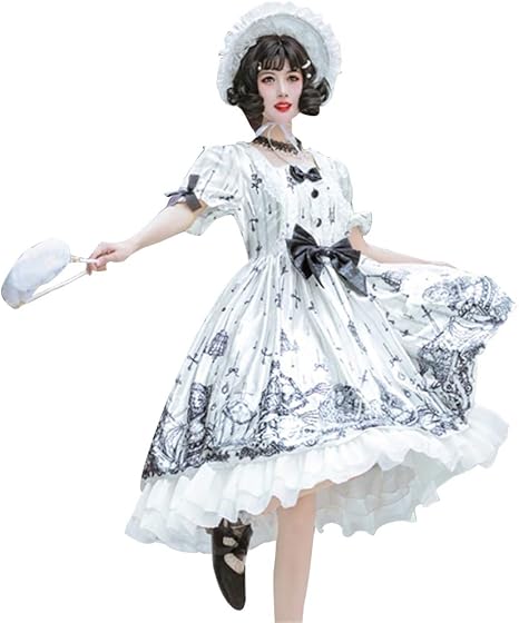 Amazon Lamyba 黒メイド服 白ワンピース ロリータ クラシカル 姫洋服 ゴスロリ 衣装 コスプレ リボン 仮装 コスチューム レディース 可愛い ドレス 半袖 ファッション Lolita服 コスプレ 仮装 通販