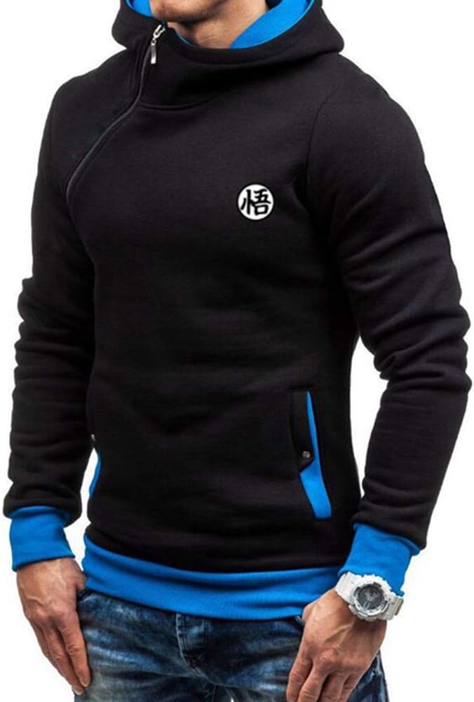Fushimuma Men's Dragon Ball Plus Velvet Hoodies Sweatshirt Slant Shoulder Zipper Long Sleeve Solid Jackets Coat