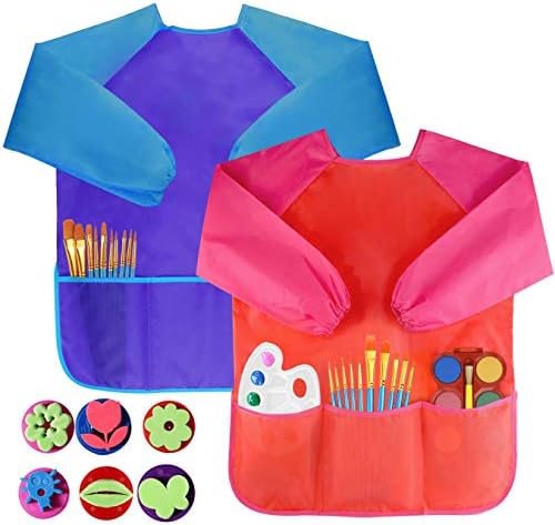 Bassion Pack of 2 Children's Art Smocks, Waterproof Artists Painting Aprons Long Sleeve with 3 Pockets for Age 2-6 Years 2 Pack(6 Brushes)