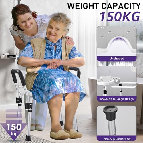 KSITEX Shower Chair for Elderly U 6 Height Adjustable Stool Armrests, Aluminium Bathtub Chair with Non-Slip Seat for Indoor Shower, Non-Slip Safety up to 150 kg