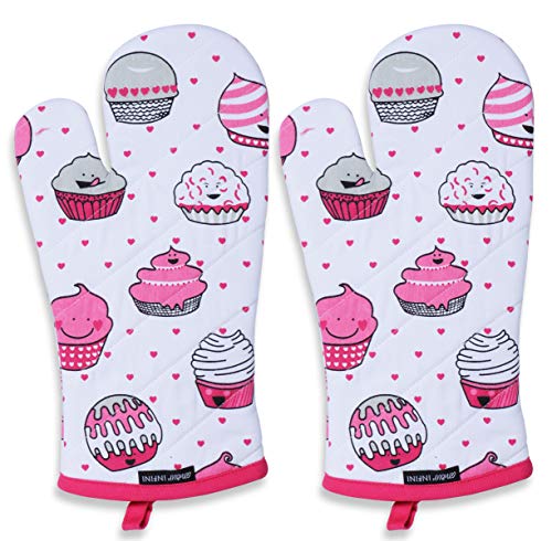 AMOUR INFINI Set of 2 Oven Mitts Cup Cake | 18 x 33 cm | 100% Cotton Machine Washable | Oven gloves with Hanging Loop | Quilted Liner for Heat Resistance