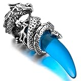 Men's Stainless Steel Pendant Necklace Crystal Silver Blue Dragon Wolf Tooth Tribal -with 23 inch Chain