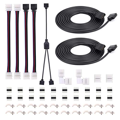 5050 4Pin LED Strip Connector Kit with 2 Way RGB Splitter Cable, 6.6ft RGB Extension Cable, Strip to RGB Controller Jumper, LED strip to strip Jumper, L Shape Connectors, Gapless Connectors