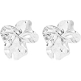 DIAMANTIO 18K Gold Plated Large Silver Statement Earrings for Women – Abstract Irregular Metal Stud Earrings, Lightweight Chunky Fashion Jewelry (5.3cm)