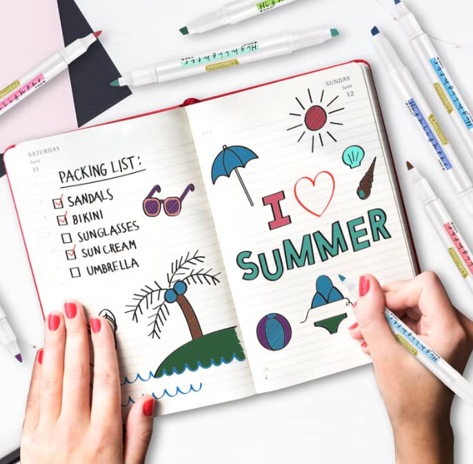 Dacono Highlighter Double Ended, 12PC Pastel Colors Dual Tips Marker Pen, No Bleed Dry Fast, Chisel and Fine Tips Highlighters for Journal Bible Planner Adults Kids Students Office School