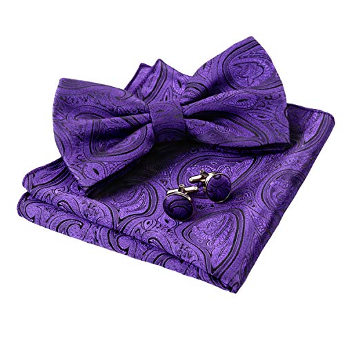 Alizeal Mens Solid Paisley Pre-tied Bow Tie, Hanky and Cufflinks Set, Dark Purple