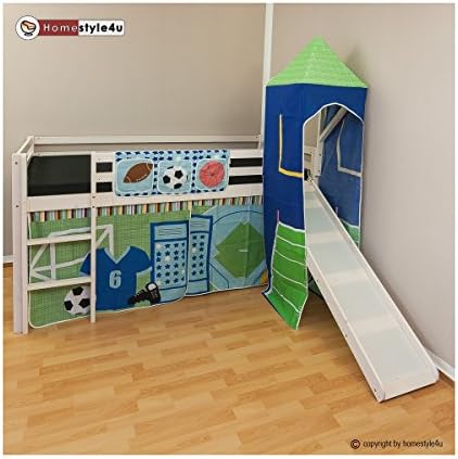 Homestyle4u Solid Pine Wooden Children Bunk Bed with Slats Slide Tower Sport, Multicolour, One Size