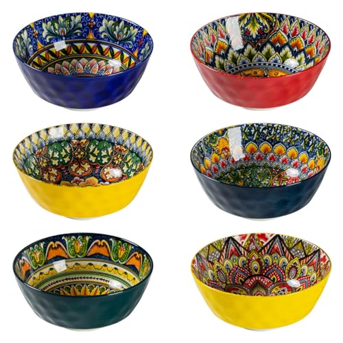 Henten Home Zuppiera Set of 6 Colored Ceramic Bowls - 360ml, Muesli Dessert Bowl | Salad | Soup | Corn Flakes | Breakfast, Boho Dinner Service - Multicolor