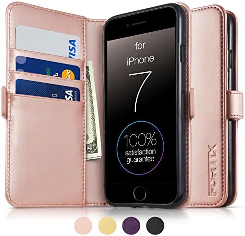 FORTIX Best Leather Flip Wallet Case for Apple iPhone 7- Premium Quality Carry-All Apple iPhone 7 Case- Handmade PU Leather, Book Design Stand Flip Wallet Phone Case Cover (rose gold)