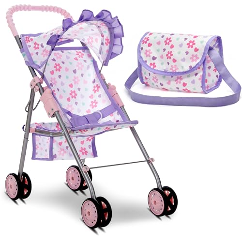 Dolls To Play Baby Doll Stroller for Girls, Toddler Play Toy Doll Buggy Carriage Foldable with Canopy Storage Basket Travel Diaper Bag - Purple