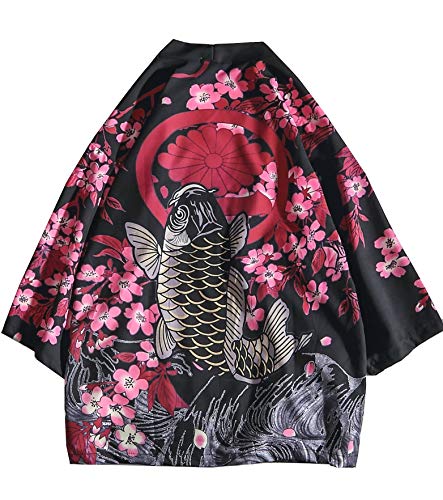 Men's Kimono Yukata Cardigan Casual Dragon Pattern Open Front Coat (Black Fish, Medium) - Thumbnail 2