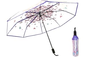 JOBEDE Cherry Blossom Butterfly Umbrella Transparent Clear Umbrellas 8 Ribs Folding Umbrellas for Adult Kids Men and Women of All Ages (Purple)