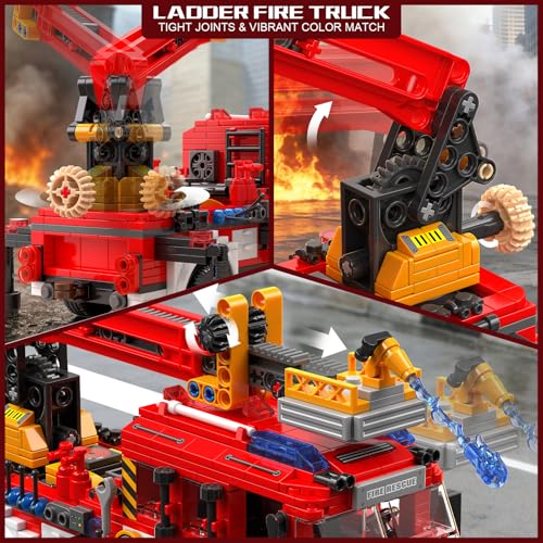 City Fire Truck with Ladder Toy (798PCS), Collectible Emergency Vehicle Model Kit, Birthday Gift for 6 Year Old Boys Girls and Adults