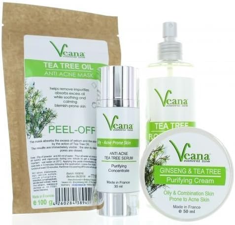 Anti Acne Tea Tree Serum + Blumenmuster Water + Tea Tree & Ginseng Cream + Peel Off Mask
