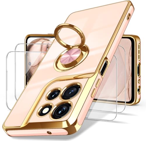 Dretal for Motorola Moto G 5G 2026/Moto G Play 2026 Case,2X Screen Protector,360°Rotatable Ring Holder Magnetic Kickstand,Plated Gold Edge Slim Soft TPU Protective Cover for Moto G 5G 2026 (Pink)