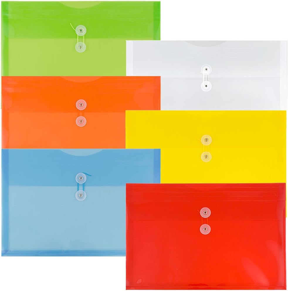 JAM PAPER Plastic Document Wallets with Button & String Tie Closure, Large Booklet Envelope, 247.6 x 31.8 x 368.3 mm