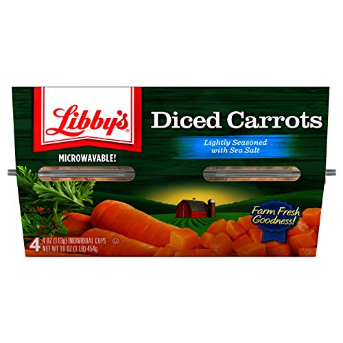 LIBBY’S DICED CARROTS | APPEALINGLY TENDER | FAINTLY SWEET & EARTHY FLAVOR | VIBRANT ORANGE SLICES | FARM FRESH GOODNESS | NO PRESERVATIVES | SIX 4-PACK SLEEVES OF 4.0 OZ CUPS (24 CUPS TOTAL)
