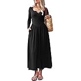 Mieazom Long Sleeves Maxi Dress for Women A Line 2025 V Neck Casual Button Boho Tshirt Long Dress with Pockets