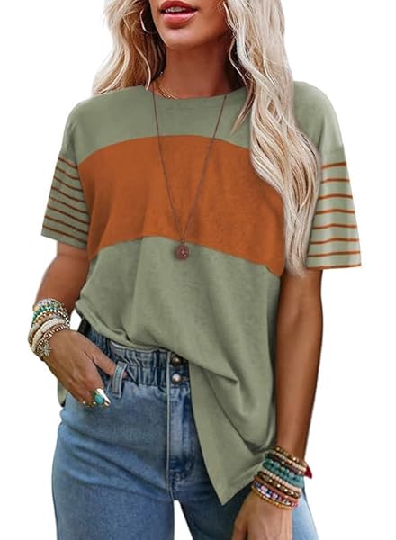 SHEWIN WOMENS T SHIRTS 2025 CASUAL SUMMER SHORT SLEEVE SHIRTS LOOSE CREWNECK TEE SIDE SPLIT CUTE TOPS OVERSIZED TSHIRTS FOR WOMEN LIGHT GREEN ORANGE XL