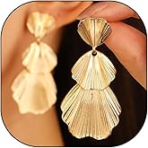 Bohemian Leaf Drop Earrings for Women,14K Gold Triple Metal Leaf Statement Earrings Exaggerated Palm Leaf Earrings Trendy Holiday Jewelry Gift