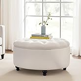 HUIMO 30-Inch Round Storage Ottoman, Modern Button Tufted Coffee Table with Removable Top, Upholstered Ottoman with Storage F