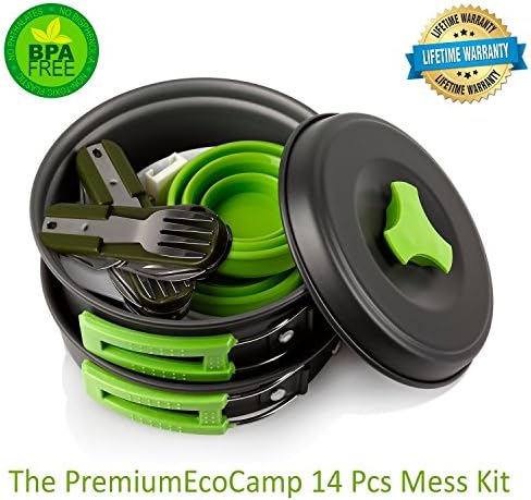 Mess Kit (14 Pcs) for Camping w/ Cookware Set Plus 2 Utensil Sets, 2 Silicone Cups, Cutting Mat &amp; Dunk Bag by EcoCamp Outdoor Gear|Compact, Light &amp; Durable for Military, Backpacking, Hiking|Green