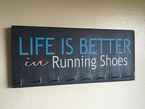 Race Medal Holder / Running Medal Hanger - LIFE IS BETTER IN RUNNING SHOES. Wood Wall Mounted Medal Organizer