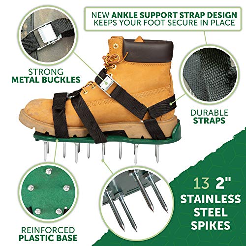 Punchau Lawn Aerator Shoes with Metal Buckles and 3 Straps with Added Ankle Support Strap - Heavy Duty Spiked Sandals for Aerating Your Lawn or Yard