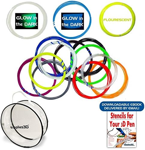 SALE:14 different colors Premium 3D Pen Filament Refills in Clear Carry Case by Supplies3d- Quality ABS 1.75mm Filament Bundle -280ft Including 2 glow in dark - Bonus stencil Ebook.