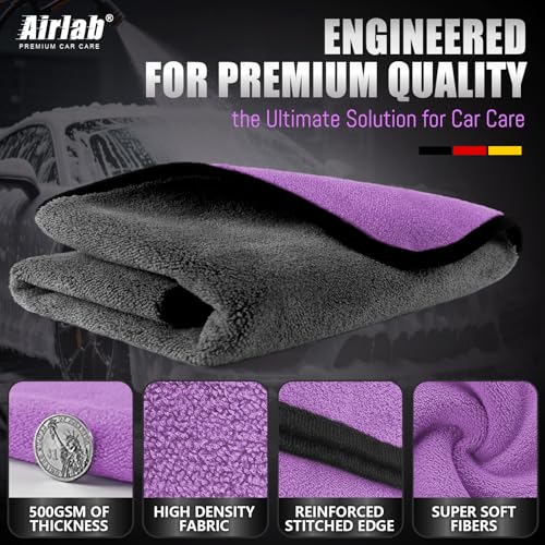 Airlab XXL Trockentuch Auto Mikrofasertücher 90X60 cm, Poliertücher Auto Tuch Zum Trocknen, Großes Microfasertuch für Autopflege, Saugstark & Lackschonend, Lila & Grau, 500 GSM thumbnail 3