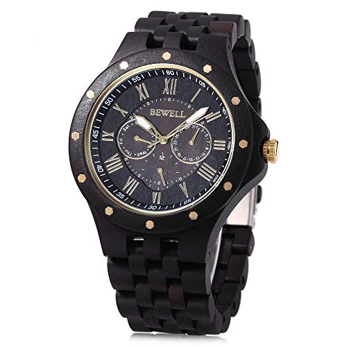 Bewell W116C Mens Wooden Watch with Date Day Luminous Hands Lightweight Wristwatch (Ebony)