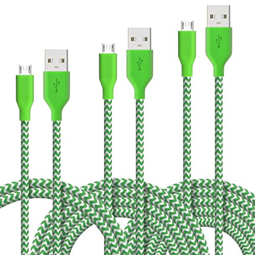 Fasgear Micro USB Cables, 3 Pack-3ft,6ft,10ft Quick Charge USB 2.0 to Micro USB Charger Braided Compatible for Galaxy S7 Edge S6 S5, HTC, LG, Android Smartphone, Xbox, Fire Kindle and More (Green)