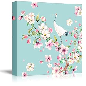 Square Canvas Wall Art - Light Blue Watercolor Style Painting a Crane Standing on Top a Blooming Tree Branch - Giclee Print Gallery Wrap Modern Home Art Ready to Hang - 12x12 inches