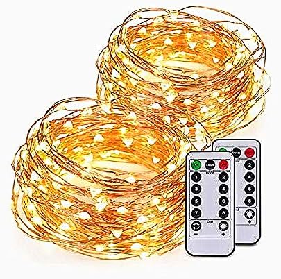 [2 Pack] 10m 100LEDs Waterproof Starry Fairy Copper String Lights Battery Powered for Bedroom Indoor Outdoor Warm White Ambiance Lighting for Patio Halloween Thanksgiving Christmas Party, Timer