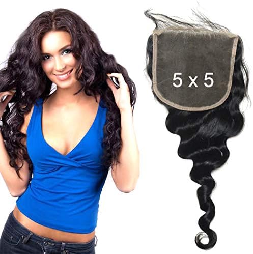 Bluple Loose Wave 5x5 Lace Closure Virgin Brazilian Human Hair Lace Pieces with Baby Hair Natural Color(14 inches,Loose Wave)