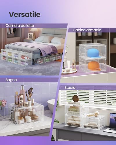 SONGMICS LSP508W01 Set of 8 Shoe Storage Boxes Transparent Plastic Shoe Organiser with Door Stackable 33 x 28.5 x 19.3 cm for Shoes up to Size 46 White Transparent