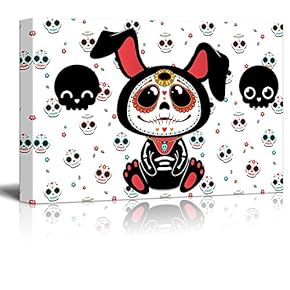 Canvas Print Wall Art - Day of The Dead (Dia De Los Muertos) Style Bunny with Skulls Background - Gallery Wrap Modern Home Art | Ready to Hang - 12x18 inches