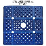 SlipX Solutions Extra Large Square Shower Mat Provides 65% More Coverage & Non-Slip Traction (27" Sides, 100 Suction Cups, Great Drainage) (Navy)