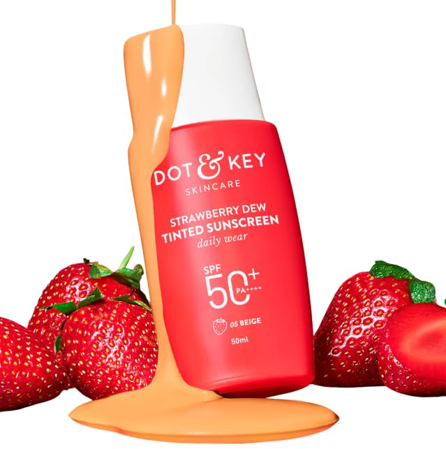 Dot & Key Strawberry Dew Tinted Sunscreen SPF 50 PA with Niacinamide & Hyaluronic Acid, available in Beige Medium (05) shade, 50ml for sun protection and hydration.