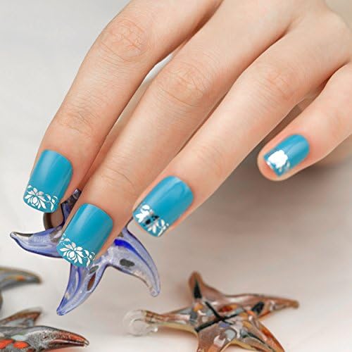 ArtPlus 24pcs Teal Silver Lotus Metallic False Nails French Manicure Full Cover Medium Length with Glue Fake Nails