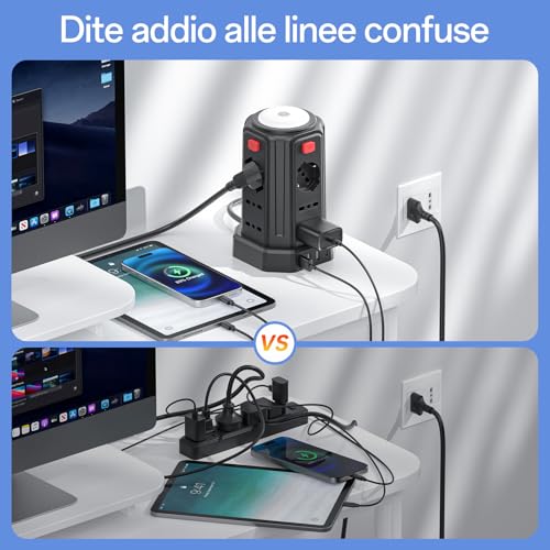 2 M Power Strip with Night Light 12 Universal Sockets 10/16A ITA and Schuko and 3 USB A+1 USB C Overvoltage Protection with 4 Independent Switches for Office, Home