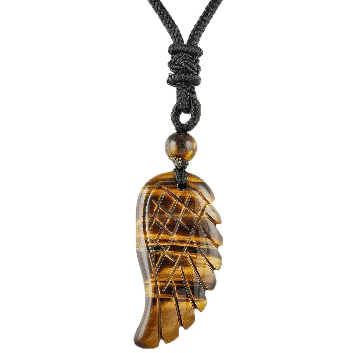 KYEYGWO Hand Carved Tiger's Eye Gem Angel Wing Healing Reiki Gemstone Pendant Necklace for Unisex with Adjustable Cord 26"