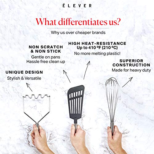 Kitchen Utensil Set - 11 Kitchen Gadgets & Cooking Utensils. Stainless Steel Kitchen Utensils for Nonstick Cookware. Spatula Set, kitchen tongs, potato masher set, Apartment Essentials Gifts - ÉLEVER