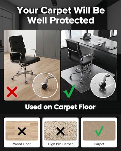 PVC Office Chair Mat for Carpet Floors, 90x120 cm Non-Slip Clear Floor Protectors, 2.2mm Thick Plastic Desk Chair Mat, Anti-Scratch Floor Protection Mat for Home Office Computer Desk Rolling Chair