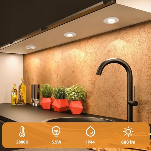 wowatt LED Spotlights, 230 V, Dimmable, 5.5 W Recessed Spotlights, LED, White, Replaces 60 W Halogen Ceiling Spotlights, 68 mm, Swivelling, Ultra Flat, IP44, Bathroom Recessed Lights, 2800 K, Warm