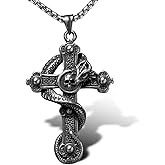 bahamut Mens Skull Dragon Cross Pendant Necklace for Men Silver Cool Goth Accessory Jewelry with Stainless Steel Chain