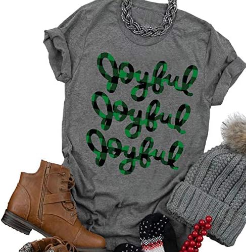 Beopjesk Women's Buffalo Plaid Tees Casual Short Sleeve Merry Letter Print Graphic Blouse Tops Chirstmas Gift
